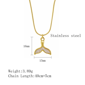 Detailed view of golden mermaid tail necklace with shell inlay and dimensions