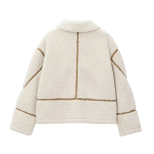 Veste en polaire sherpa pour femme couleur crème avec liserés marron vue de dos