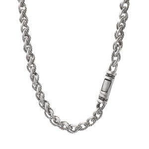 Retro silver twisted keel chain necklace with a textured woven design and metal box clasp