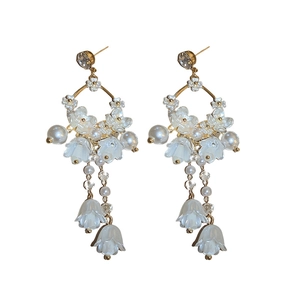Elegant silver needle lily of the valley earrings with pearls and crystals in gold finish