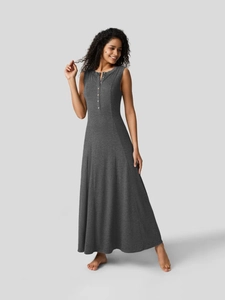 Vestido Largo De Punto Sin Mangas Para Mujer Con Cuello Henley Con Botones Cintura Alta Color Sólido Casual Línea A Elegante