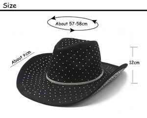 Detail of black cowboy hat with rhinestones and dimensions showing 9cm wide brim