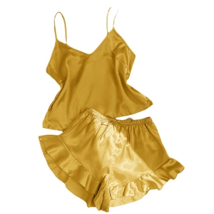 Women silk satin camisole and ruffle shorts pajama set in golden yellow finish