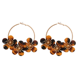 Retro leopard print fabric flower hoop earrings with premium gold alloy finish for women