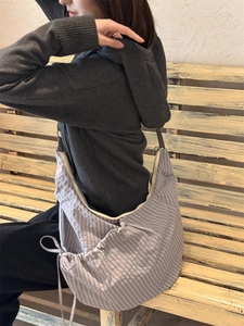 Lavender gingham crescent shoulder bag in lightweight nylon with bow detail for women
