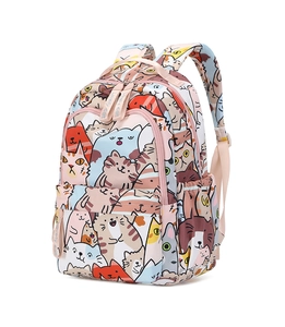 Detail view of cartoon cat pattern and pink zipper on a high capacity school backpack
