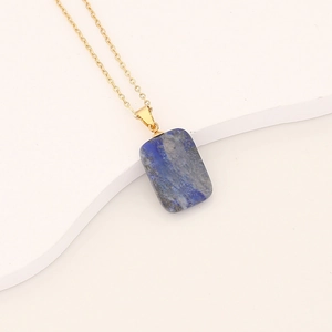 Lapis lazuli rectangular pendant necklace with gold cross on stainless steel chain