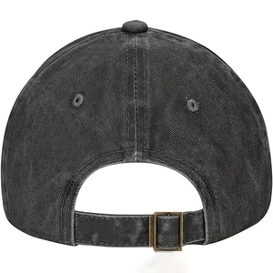 Classic dark grey washed cotton baseball cap with adjustable metal buckle and retro style