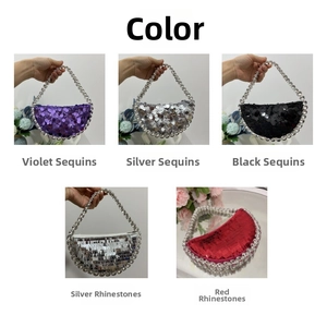 Detailed macro showing sequined half-moon evening bags in violet, silver, black, and red