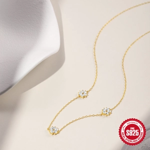 Elegant S925 sterling silver gold floral necklace with heart petals and white zircons