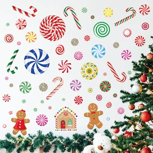 Christmas candy wall stickers featuring gingerbread men and peppermint canes for party decor