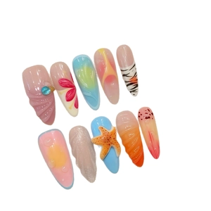 Island vacation style press-on nails set with 3D starfish and shell resin textures
