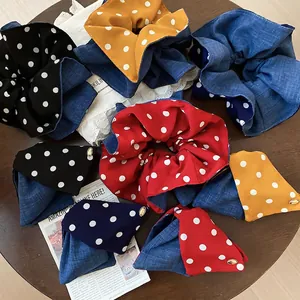 Polka Dot Denim Scrunchies Double Layered Bow Hair Clips Cloth Sweet Vintage Hair Ties For Women Girls
