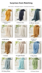 Detailed grid of linen scarves featuring 12 vibrant colors and elegant fringe edges