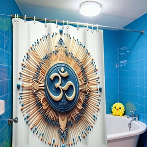 Detail of waterproof bathroom curtain showing the 3D Om symbol and floral sun moon pattern