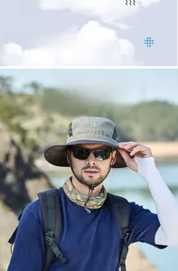Detail of light gray wide brim sun hat showing breathable mesh and cotton-polyester fabric