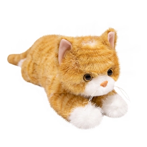 Realistic orange tabby cat plush toy in lying pose with soft white paws and fur