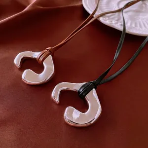 Irregular Geometric Pendant Necklace Alloy And Faux Leather Adjustable Long Sweater Chain For Women Minimalist Style