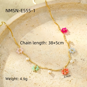 Chic gold wave chain necklace with colorful beaded flowers and white pearls for women
