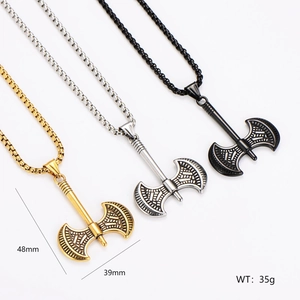 Mens battle axe pendant necklace in gold, silver and black finish stainless steel
