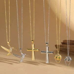 Vintage Pendant Necklace Copper Cubic Zirconia Cross Owl Hummingbird Elegant Women Fashion Jewelry