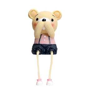 Cute resin bear figurine with blue overalls and rope legs for home shelf decoration