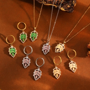 Elegant leaf jewelry set with crystal pendant necklace and earrings in various colors