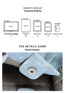 Detail view of blue denim tote bag capacity fitting a 14-inch laptop and A4 documents