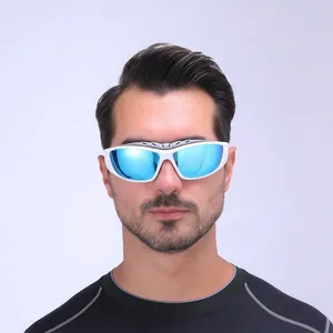 Polarized sports sunglasses with white frame and blue mirrored lenses for cycling