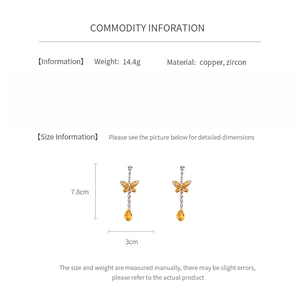 Detailed technical specifications for yellow butterfly zircon drop earrings in copper