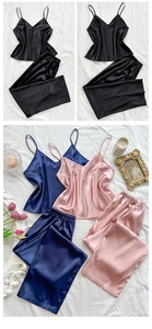 Détails de l'ensemble pyjama en satin de soie avec bretelles réglables en noir, marine et rose