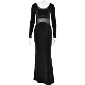 Robe longue moulante noire élégante avec patchwork en tulle et décolleté plongeant sexy