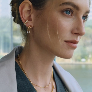 18K gold plated stainless steel teardrop zircon earrings and layered necklace set on model