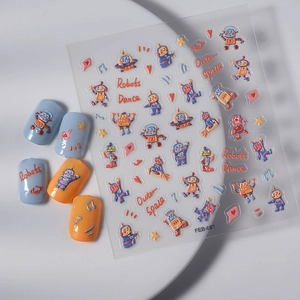 3D embossed robot and space theme nail art stickers with colorful cartoon nail tips