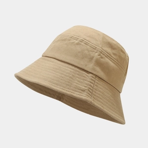 Side view of khaki bucket hat with multi-row stitching on brim and paneled crown details