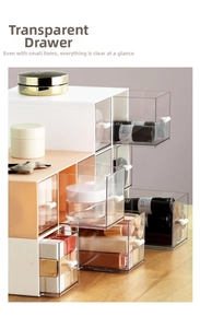 Detail of modular drawer organizer for cosmetics showing stacked transparent storage units