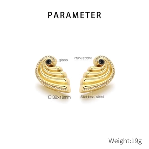 Detail of gold-plated stainless steel earrings with black glass and small white rhinestones