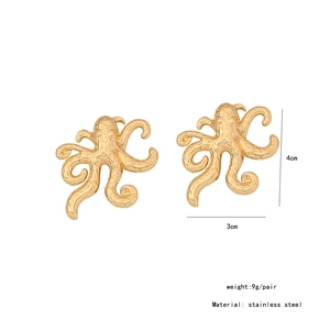 Detail view of octopus earrings in gold stainless steel with size and weight dimensions
