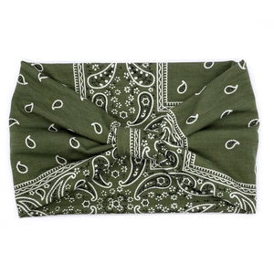 Detail of olive green paisley pattern on soft elastic wide headband for women
