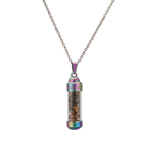 Rainbow stainless steel perfume bottle pendant with brown stones and Greek fret pattern