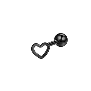 Detail of a black stainless steel heart stud earring with screw ball back on white background
