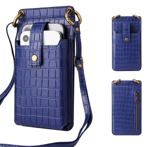 Detail view of blue crocodile pattern phone bag showing compartments and card slots