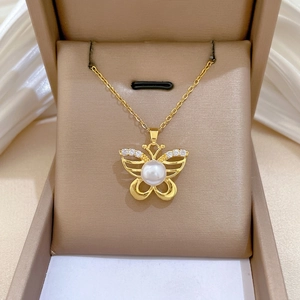Butterfly Artificial Pearl Pendant Necklace Stainless Steel Chain Copper Cubic Zirconia Elegant Luxury Jewelry For Women Gift