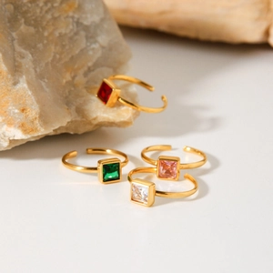 18k gold plated stainless steel open rings set with colorful square zircon stones
