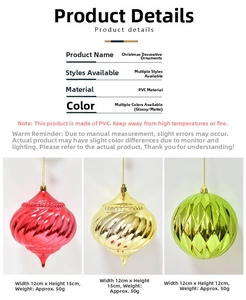 Detailed specs of PVC Christmas ball ornaments in red, gold, and green with wave texture