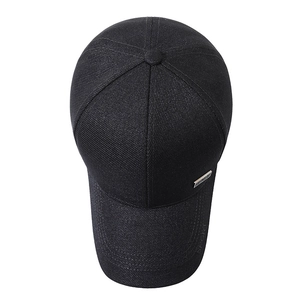 Black cotton baseball cap for men with side metal tag and sport embossed visor