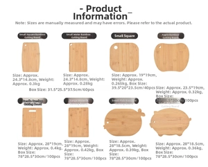 Various bamboo cutting boards in fruit, animal and geometric shapes for kitchen use