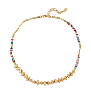 Bohemian style beaded necklace with 18k gold plated metal beads and colorful gemstones