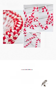 Close-up of red and white spiral candy cane ornaments with ribbon texture for Christmas tree