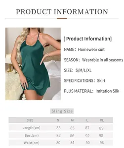 Guide des tailles S-XL pour la nuisette en soie d'imitation vert foncé et bretelles